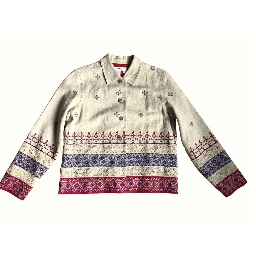 Linen Blend Embroidered‎ Lace Southwestern Jacket Cottagecore Beige Red Blue Med